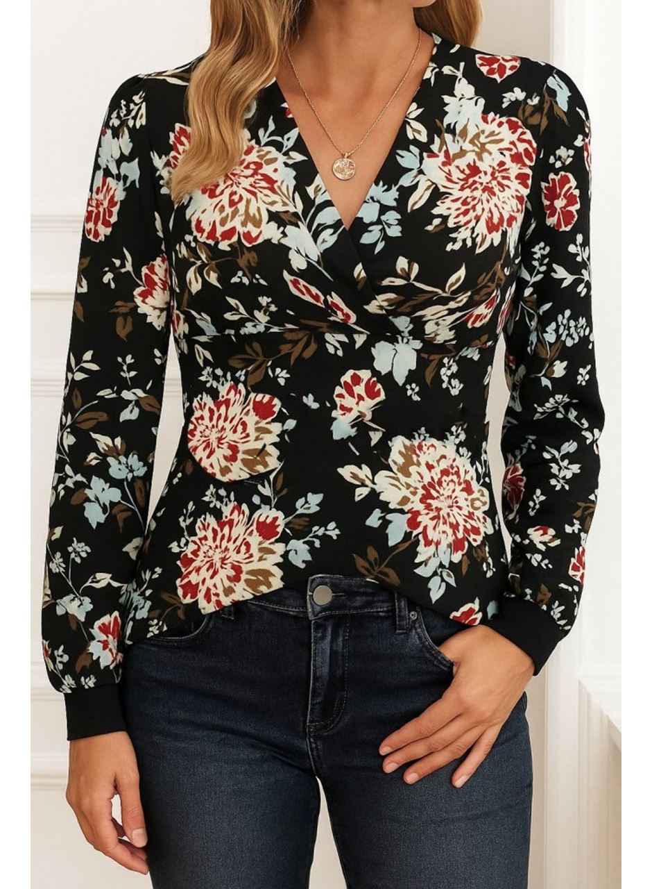 Kadın Uzun Kollu Kruvaze Yakalı Kelebek Desenli şardonlu Dalgıç Bluz