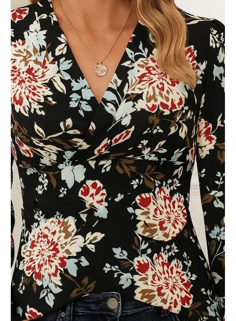 Kadın Uzun Kollu Kruvaze Yakalı Kelebek Desenli şardonlu Dalgıç Bluz