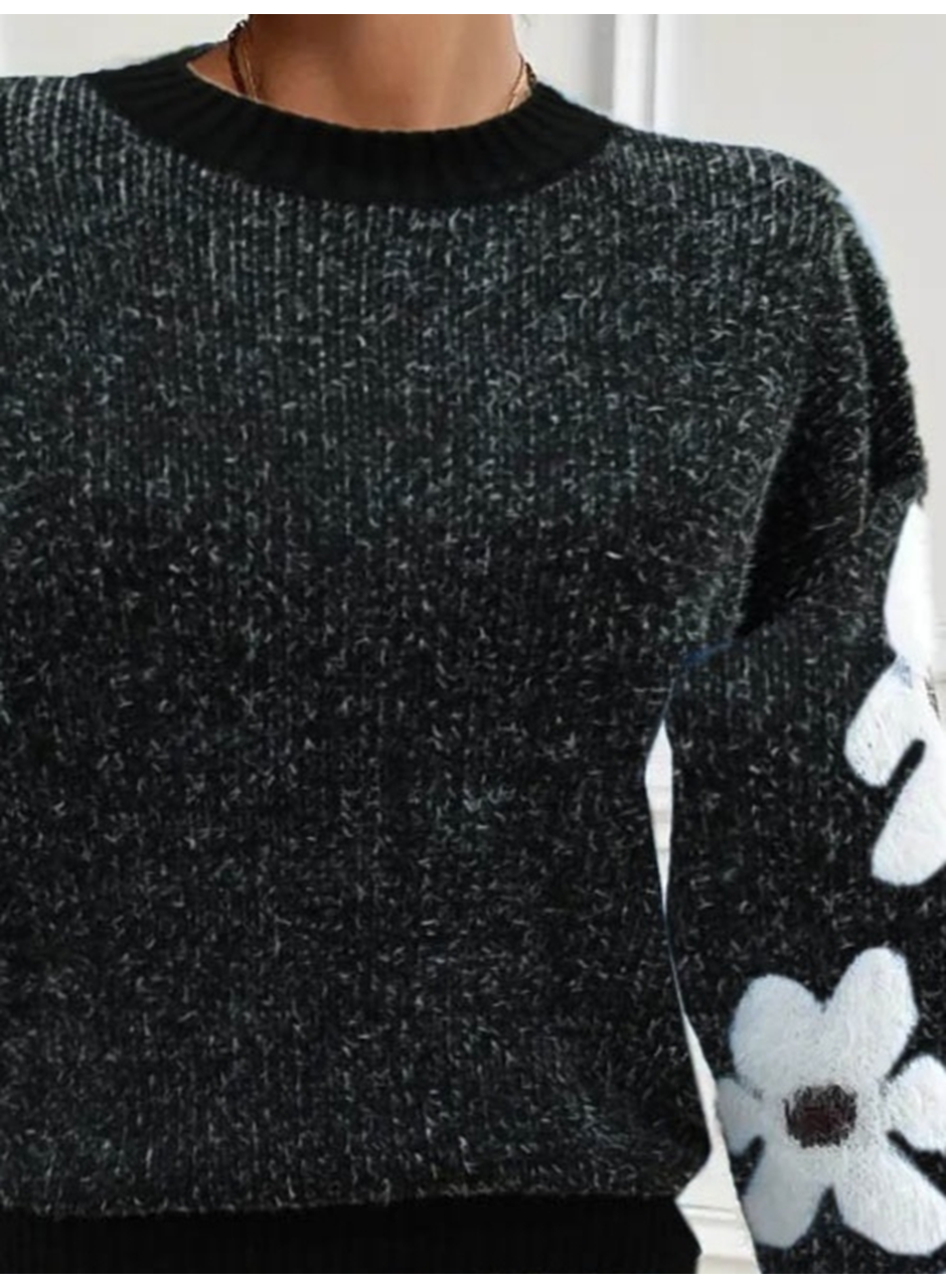 Kadın Uzun Kollu Bisiklet Yaka çiçek Desenli Triko Bluz