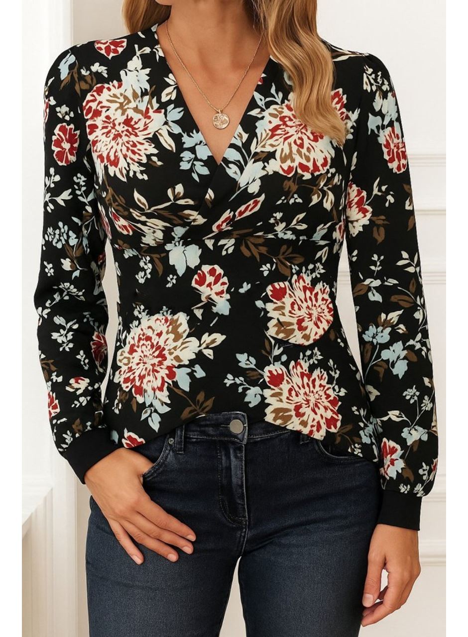 Kadın Uzun Kollu Kruvaze Yakalı Kelebek Desenli şardonlu Dalgıç Bluz