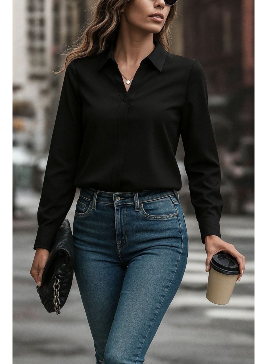 Kadın Uzun Kollu Yakalı Trikoton Gömlek