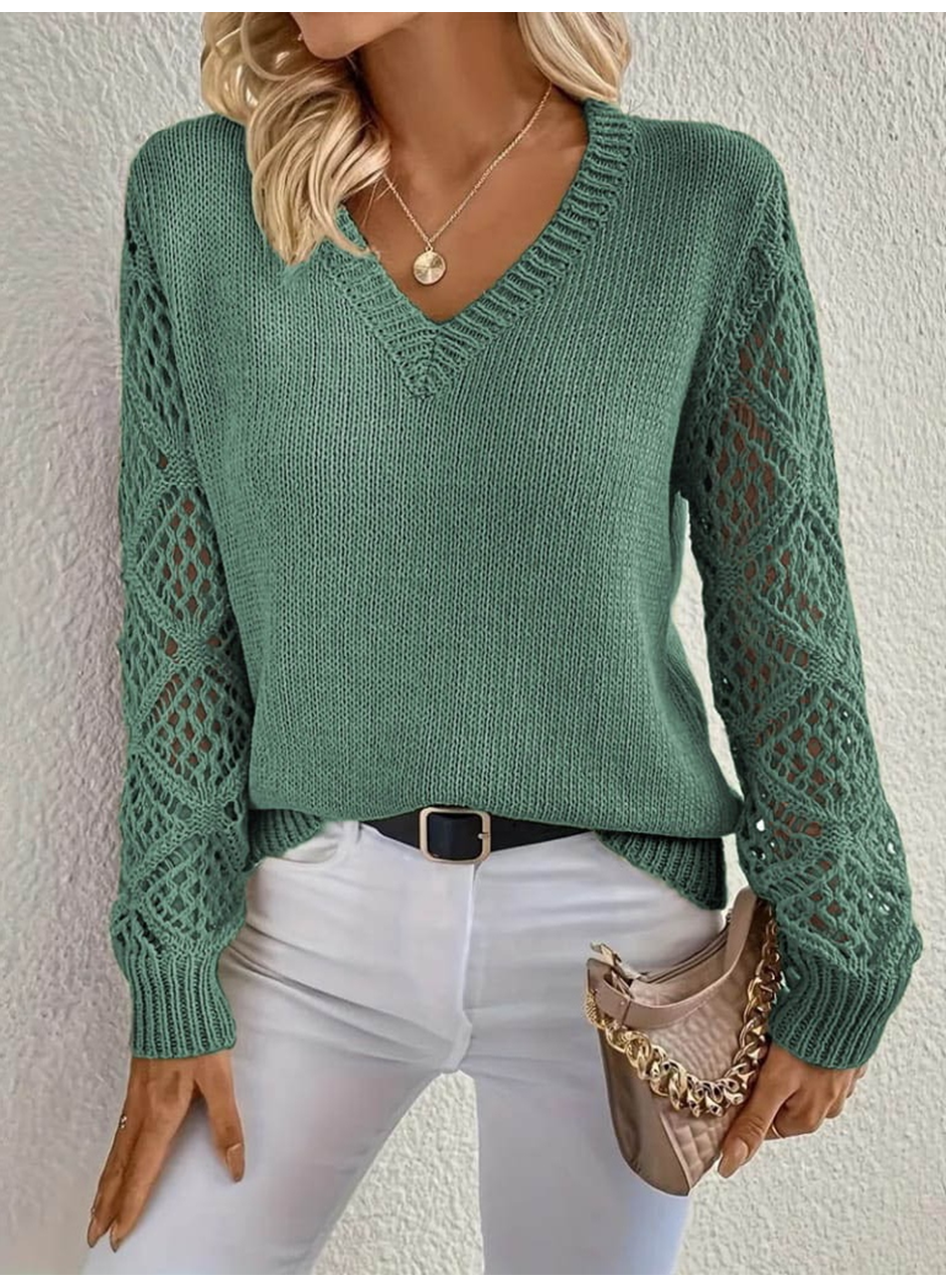 Kadın Uzun Kollu V Yaka Kol Delikli Baklava Desen Detaylı Triko Kazak