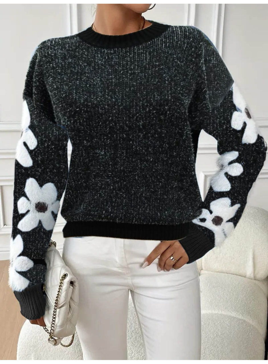 Kadın Uzun Kollu Bisiklet Yaka çiçek Desenli Triko Bluz