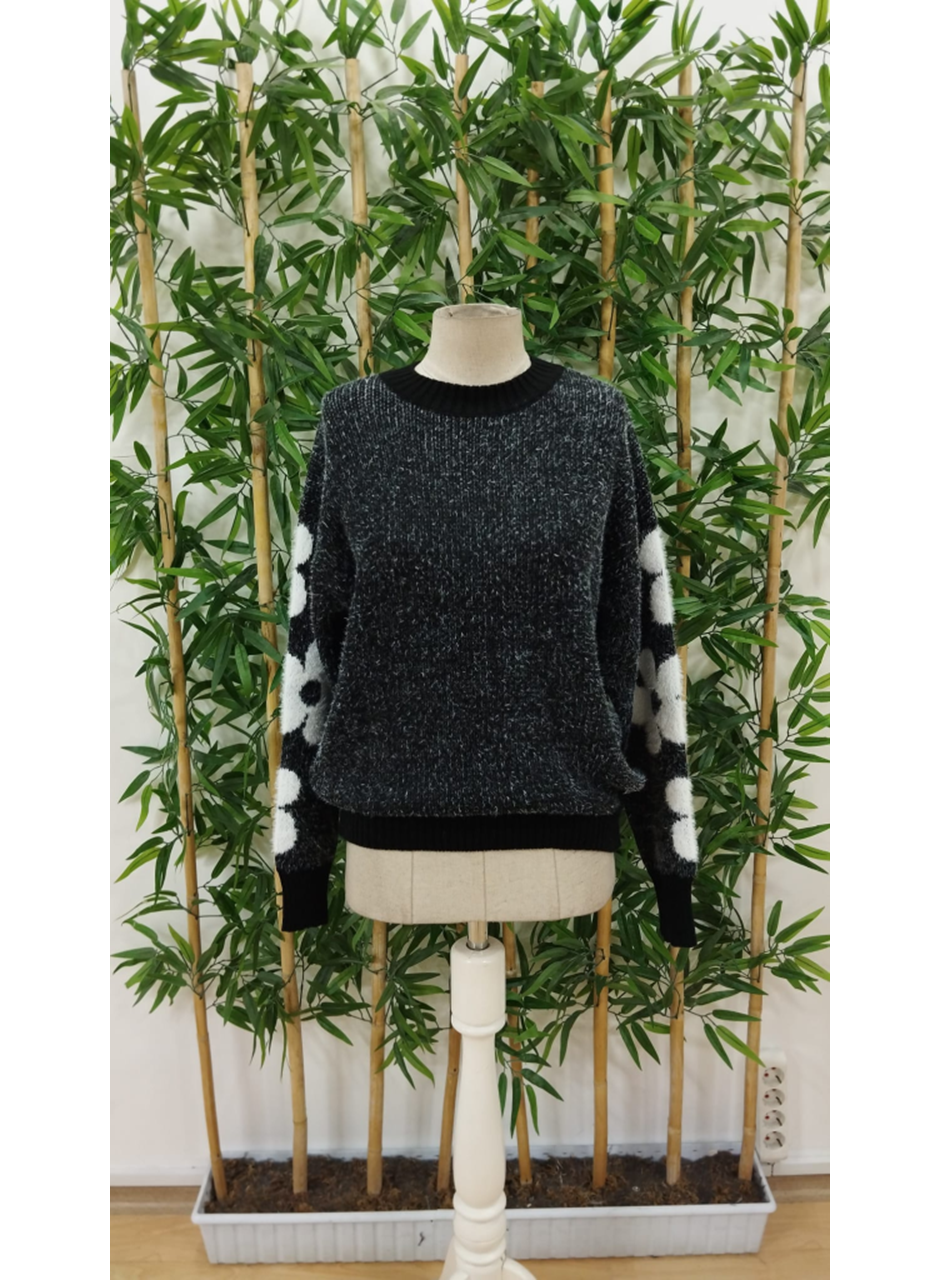 Kadın Uzun Kollu Bisiklet Yaka çiçek Desenli Triko Bluz