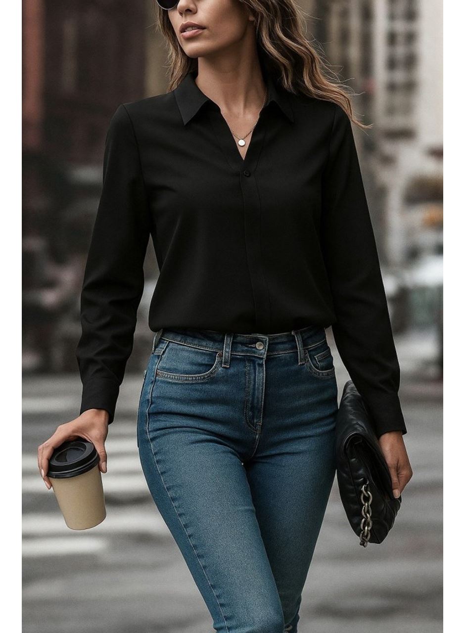 Kadın Uzun Kollu Yakalı Trikoton Gömlek