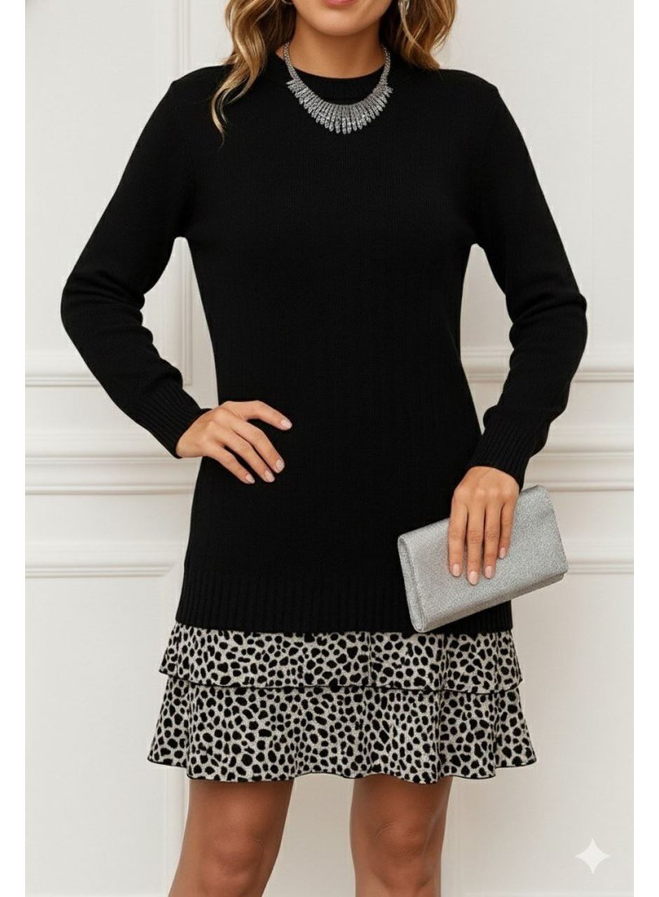 Kadın Uzun Kollu üst şardonlu Kaşkorse Alt Süprem Desenli Elbise