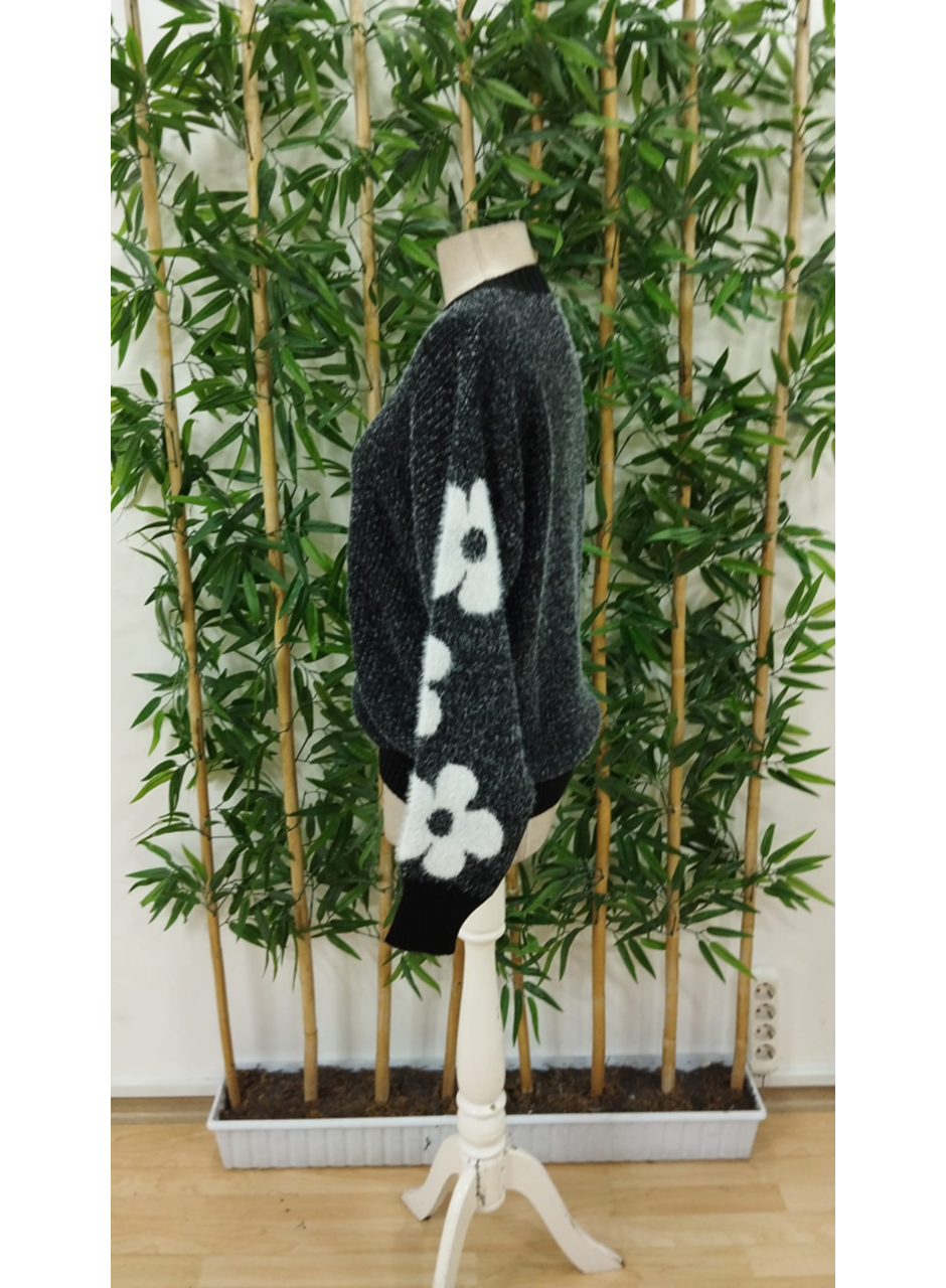 Kadın Uzun Kollu Bisiklet Yaka çiçek Desenli Triko Bluz