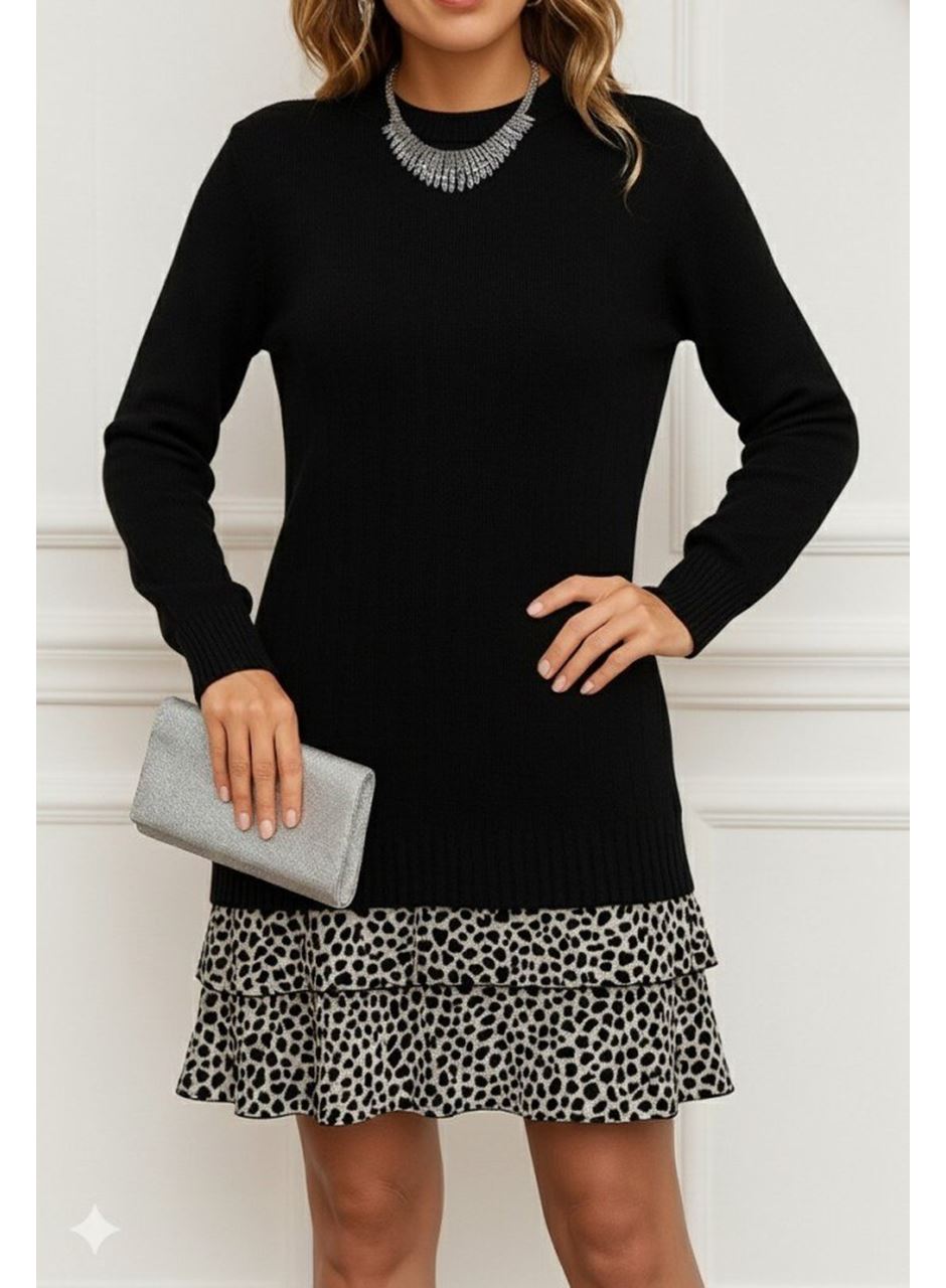 Kadın Uzun Kollu üst şardonlu Kaşkorse Alt Süprem Desenli Elbise