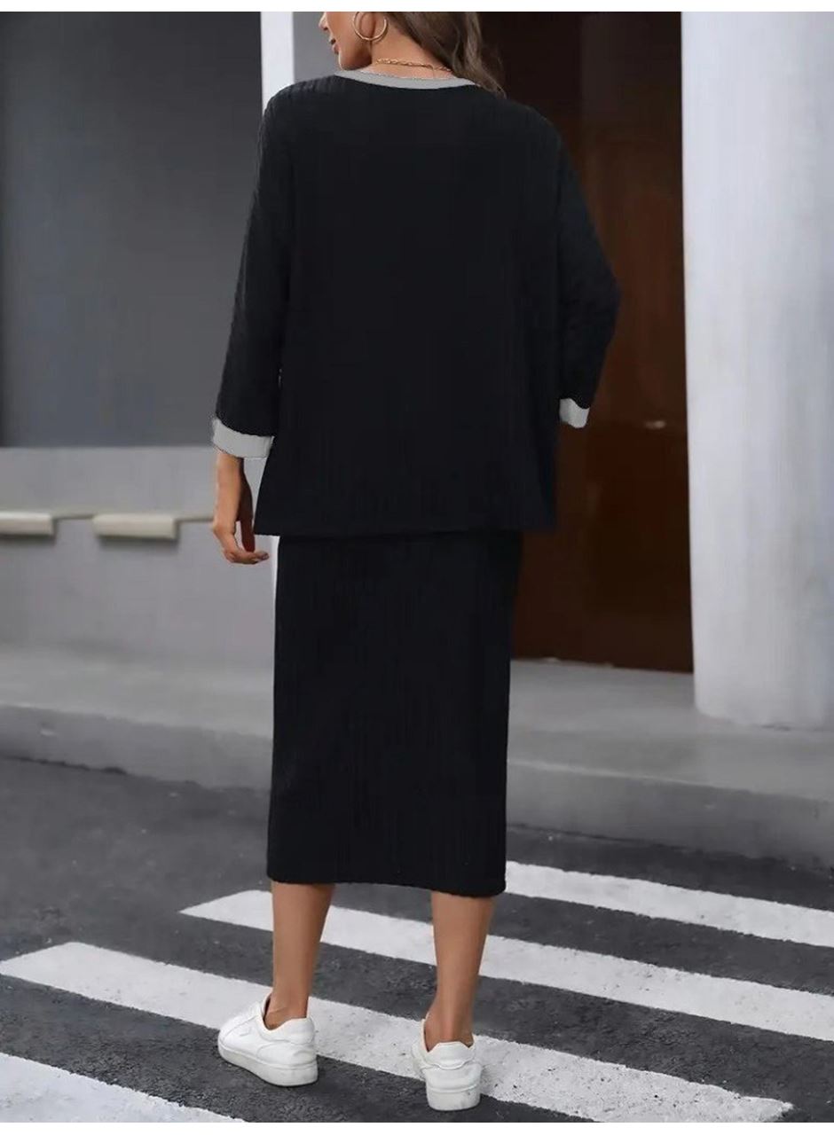 Kadın Uzun Kollu Yakası Açık şardonlu Kaşkorse Bluz Ve Eteği Bağcıklı Ikili Takım