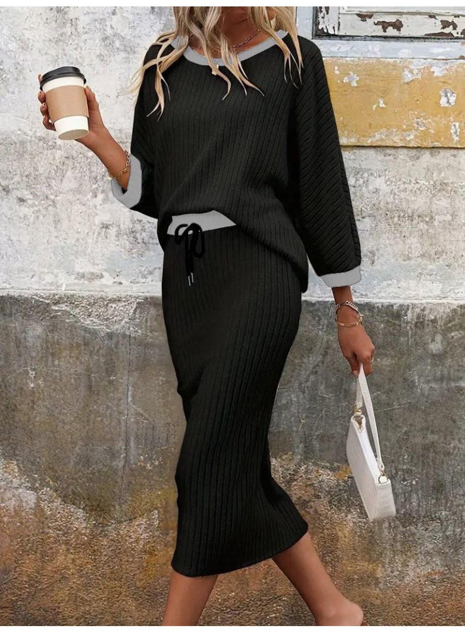 Kadın Uzun Kollu Yakası Açık şardonlu Kaşkorse Bluz Ve Eteği Bağcıklı Ikili Takım