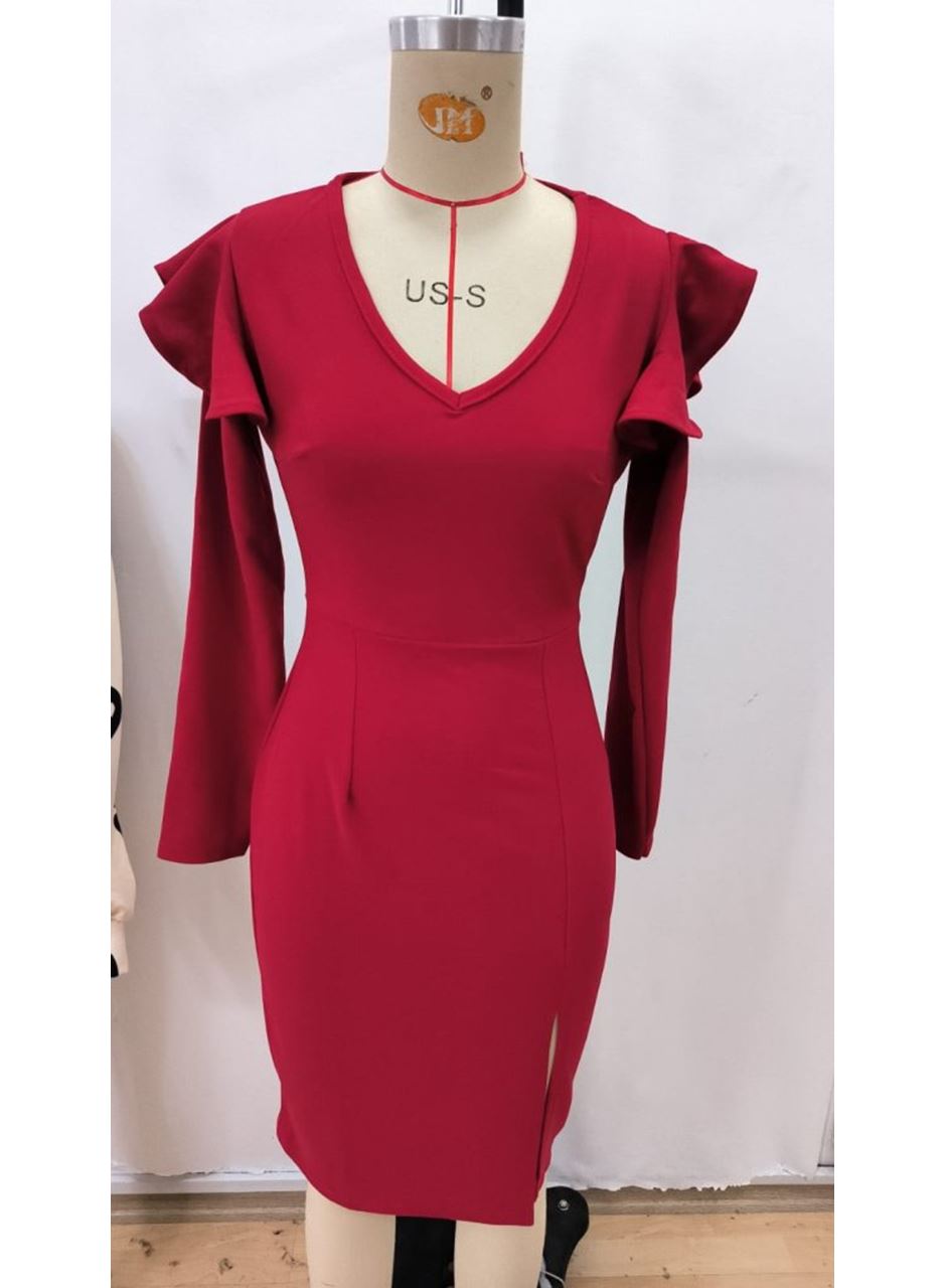 Kadın Uzun Kollu V Yakalı Yandan Yırtmaçlı Midi Ithal Krep Elbise