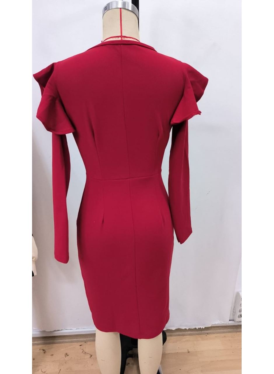 Kadın Uzun Kollu V Yakalı Yandan Yırtmaçlı Midi Ithal Krep Elbise