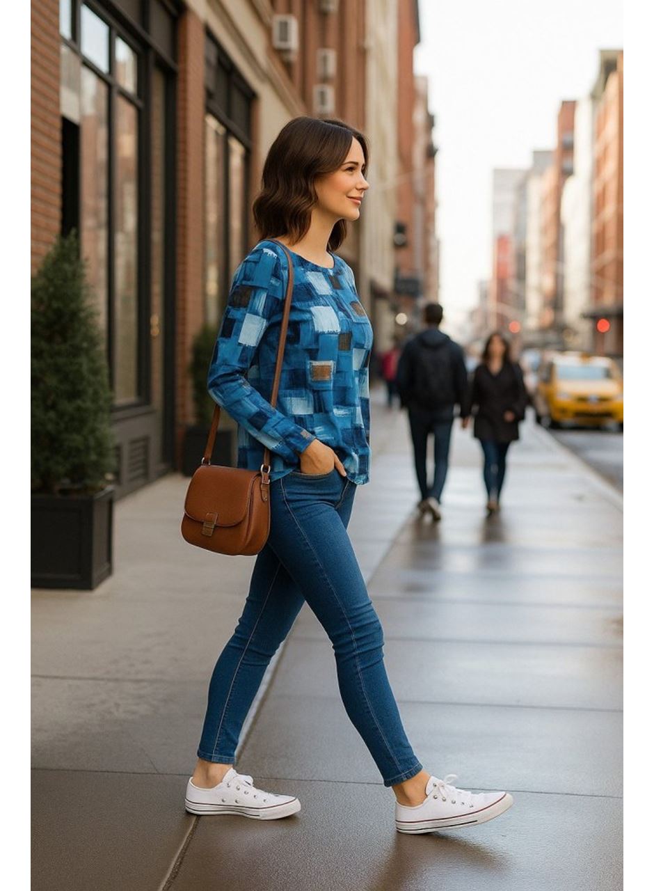 Kadın Uzun Kollu Yakadan Fermuarlı Kot Görünüm Desenli Uzun Modal Bluz