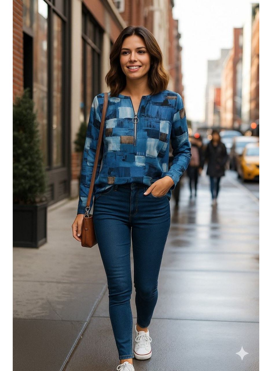 Kadın Uzun Kollu Yakadan Fermuarlı Kot Görünüm Desenli Uzun Modal Bluz