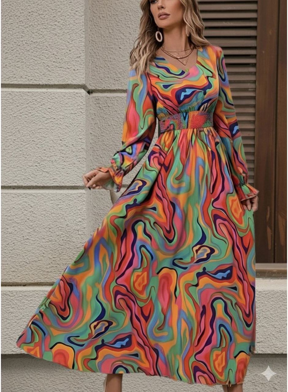 Kadın Uzun Kollu V Yakalı Desenli Maxi Süprem Elbise