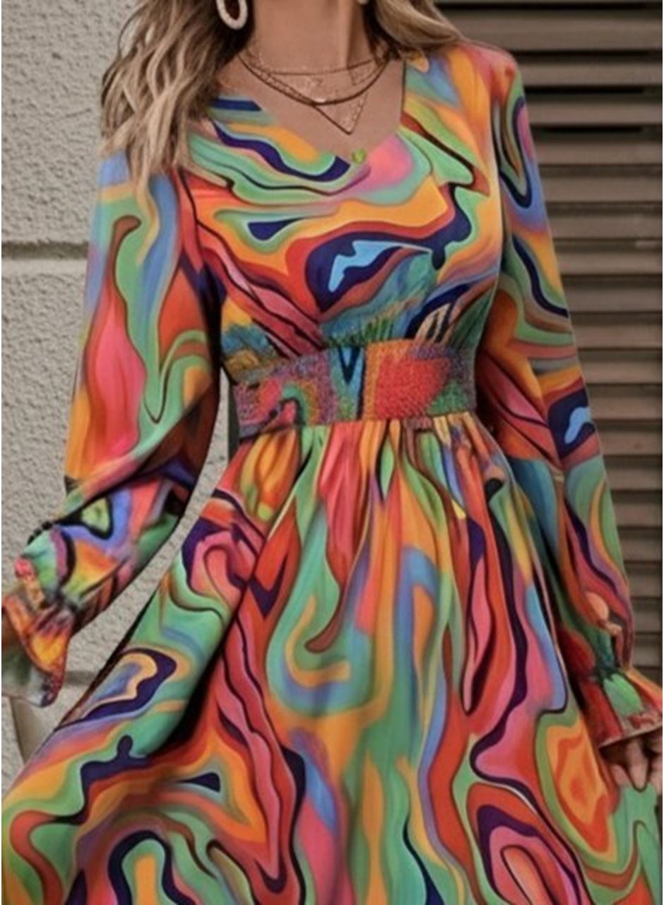 Kadın Uzun Kollu V Yakalı Desenli Maxi Süprem Elbise