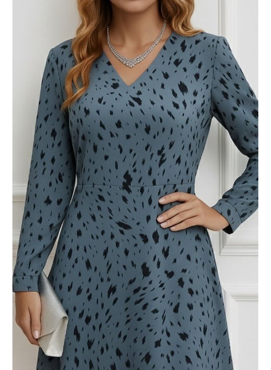 Kadın Uzun Kollu V Yakalı Desenli Kısa Keten Elbise