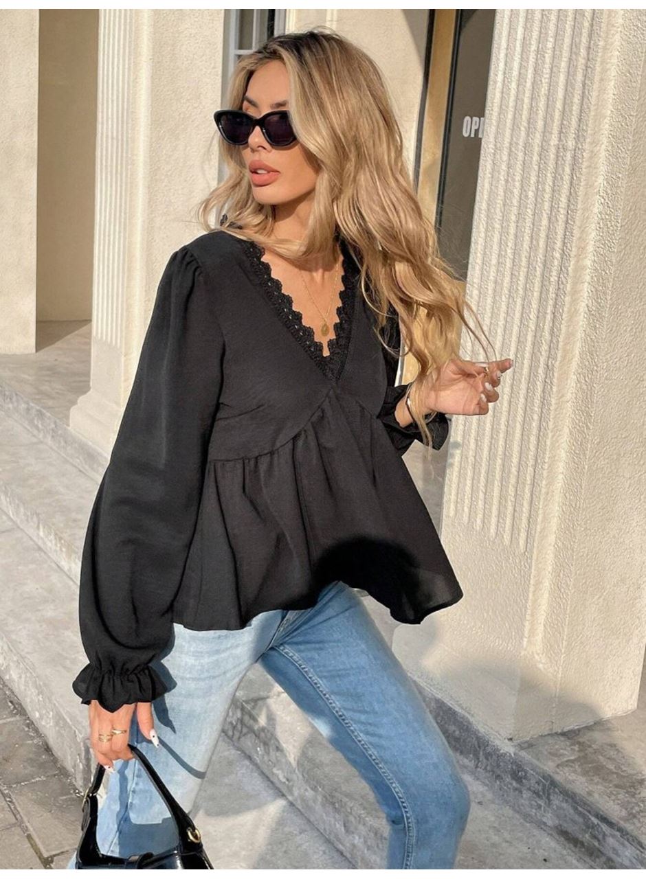 Kadın Uzun Kollu V Dantel Yaka Aerobin Bluz