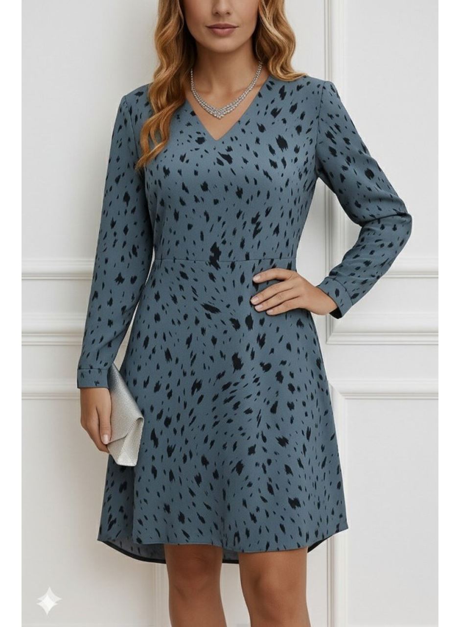 Kadın Uzun Kollu V Yakalı Desenli Kısa Keten Elbise