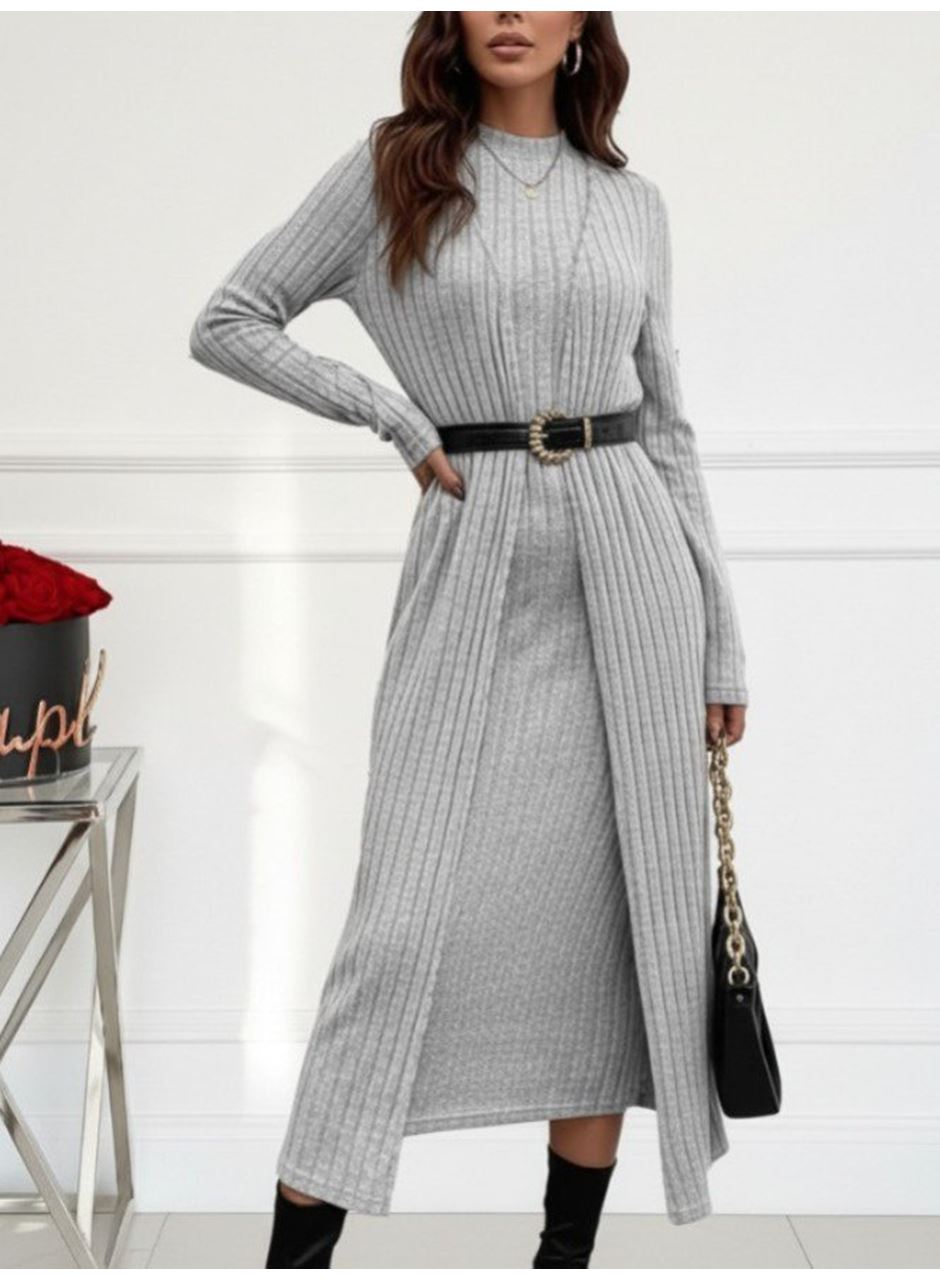 Kadın Uzun Kollu Yarı Balıkçı Yaka şardonlu Kaşkorse Elbise Ve Uzun Hırka Ikili Takım