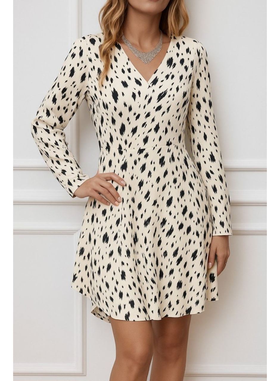 Kadın Uzun Kollu V Yakalı Desenli Kısa Keten Elbise