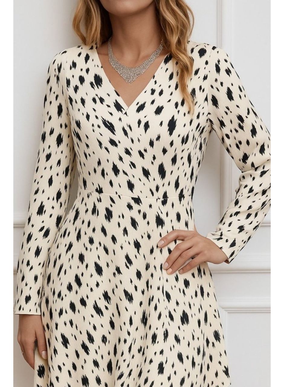 Kadın Uzun Kollu V Yakalı Desenli Kısa Keten Elbise