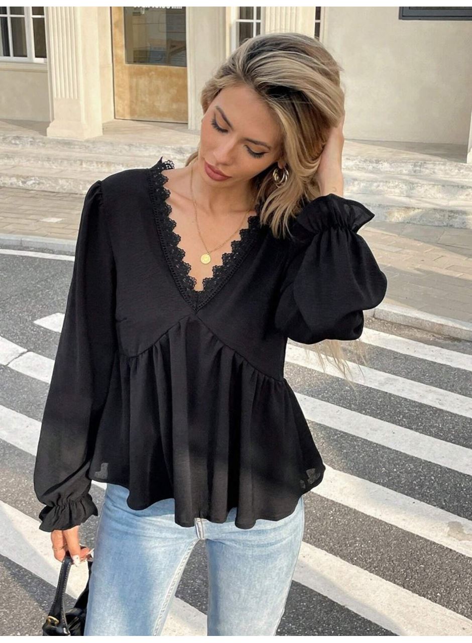Kadın Uzun Kollu V Dantel Yaka Aerobin Bluz