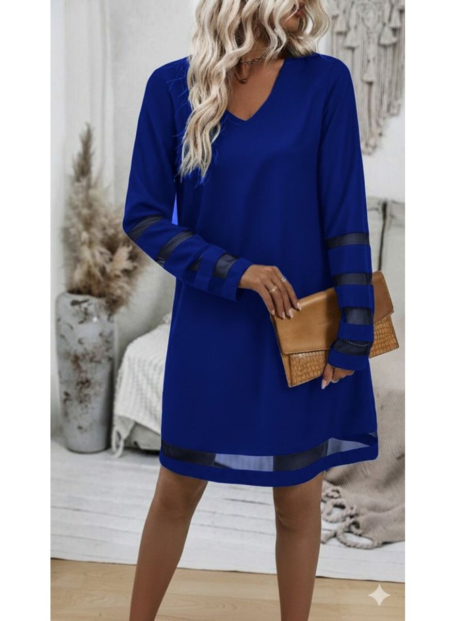 Kadın Uzun Kollu V Yakalı Tül şerit Detaylı Mini Krep Elbise
