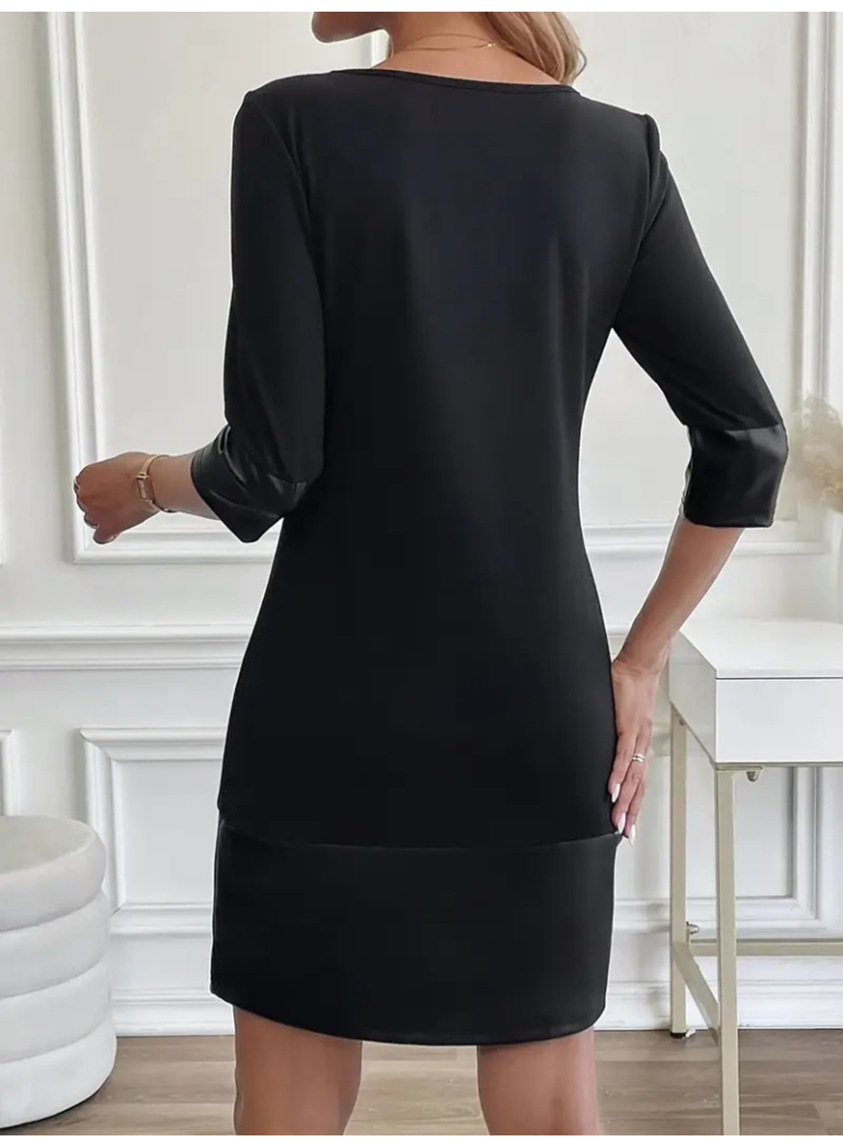 Kadın Uzun Kollu Bisiklet Yaka Deri Detaylı Ithal Krep Elbise