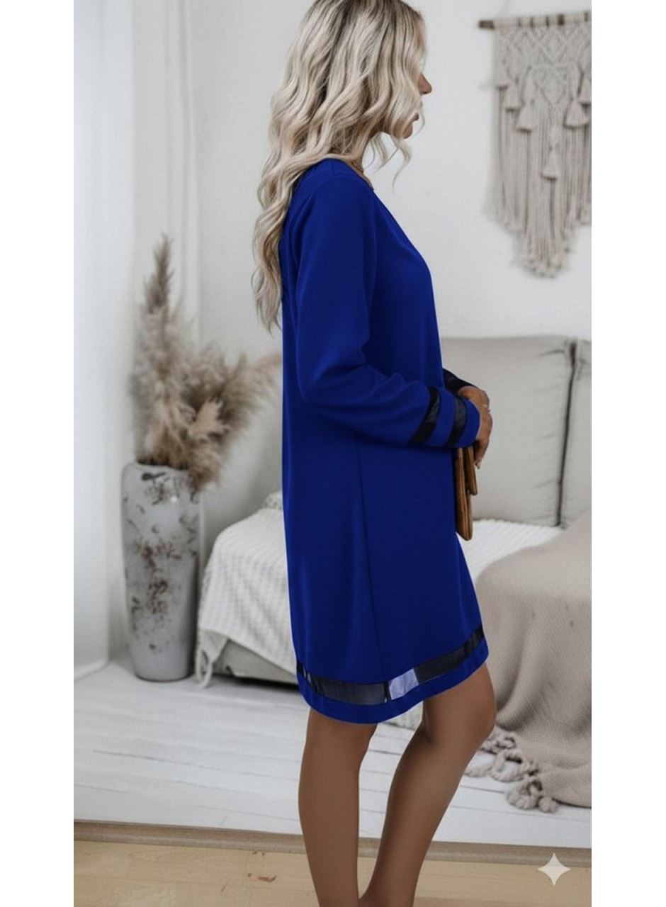 Kadın Uzun Kollu V Yakalı Tül şerit Detaylı Mini Krep Elbise