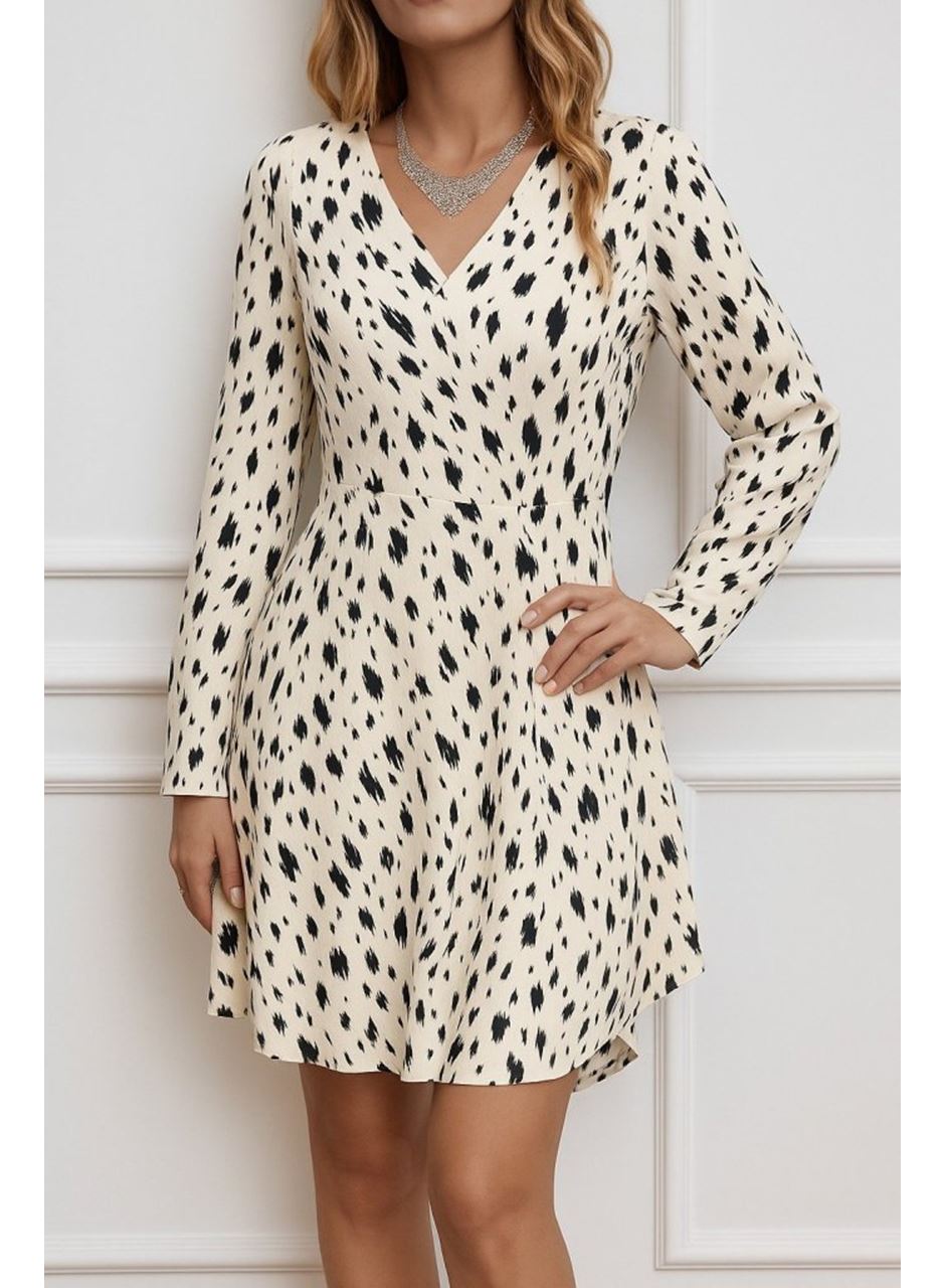 Kadın Uzun Kollu V Yakalı Desenli Kısa Keten Elbise