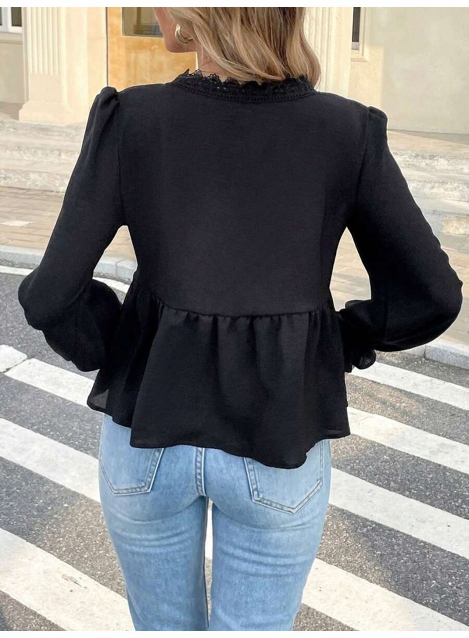 Kadın Uzun Kollu V Dantel Yaka Aerobin Bluz