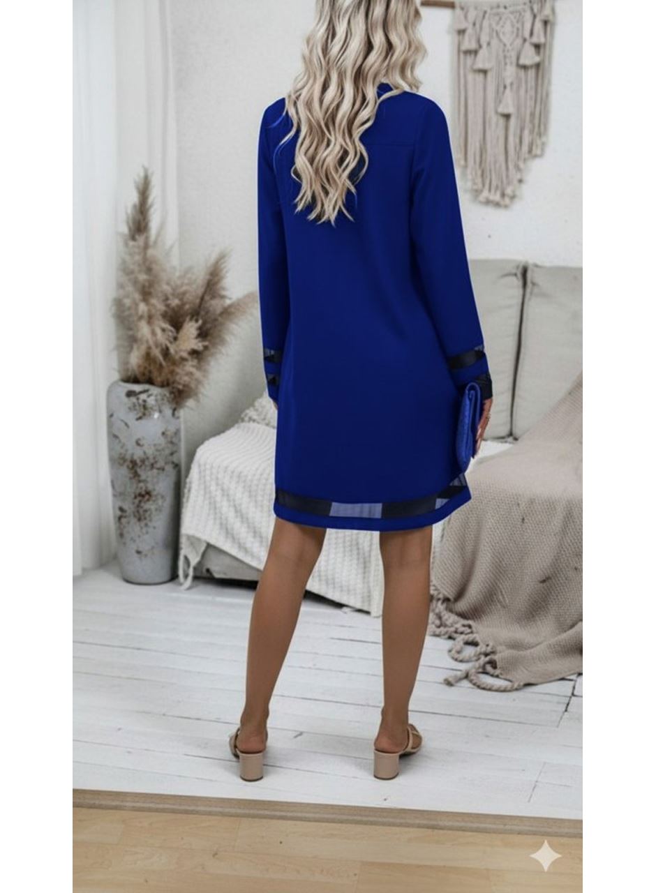 Kadın Uzun Kollu V Yakalı Tül şerit Detaylı Mini Krep Elbise