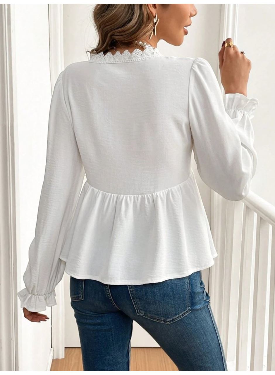 Kadın Uzun Kollu V Dantel Yaka Aerobin Bluz