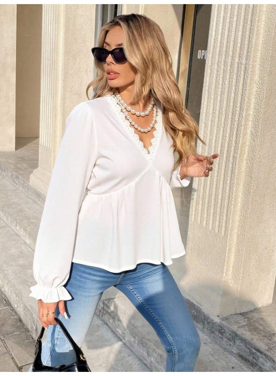 Kadın Uzun Kollu V Dantel Yaka Aerobin Bluz