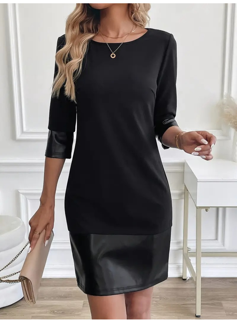 Kadın Uzun Kollu Bisiklet Yaka Deri Detaylı Ithal Krep Elbise