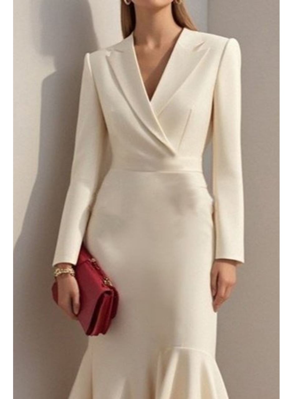 Kadın Uzun Kollu Yakalı Belden Oturtmalı Midi Ithal Krep Elbise