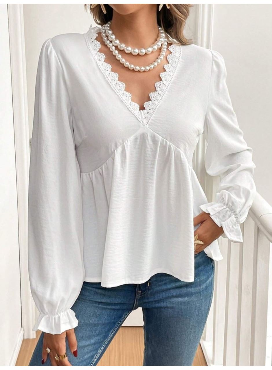 Kadın Uzun Kollu V Dantel Yaka Aerobin Bluz