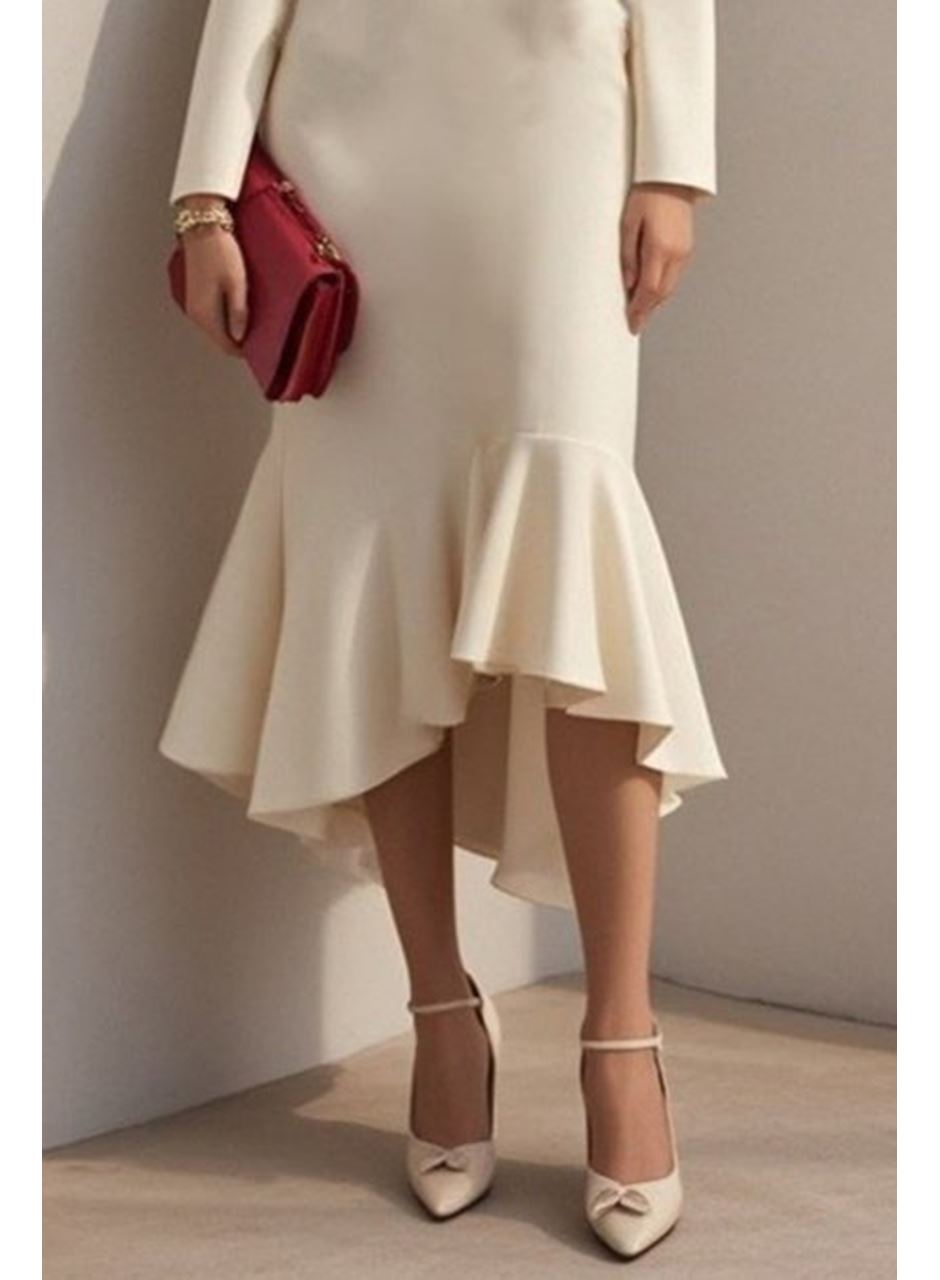 Kadın Uzun Kollu Yakalı Belden Oturtmalı Midi Ithal Krep Elbise