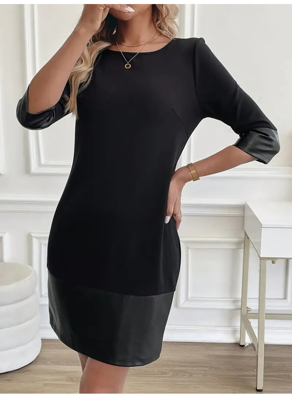 Kadın Uzun Kollu Bisiklet Yaka Deri Detaylı Ithal Krep Elbise