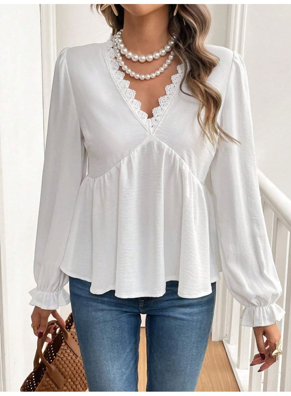Kadın Uzun Kollu V Dantel Yaka Aerobin Bluz