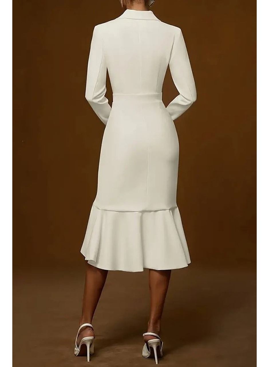Kadın Uzun Kollu Yakalı Belden Oturtmalı Midi Ithal Krep Elbise