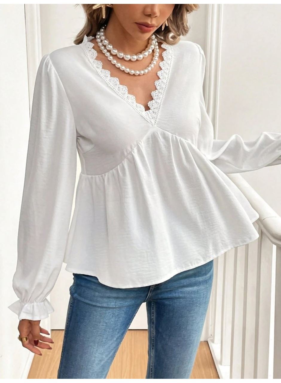 Kadın Uzun Kollu V Dantel Yaka Aerobin Bluz