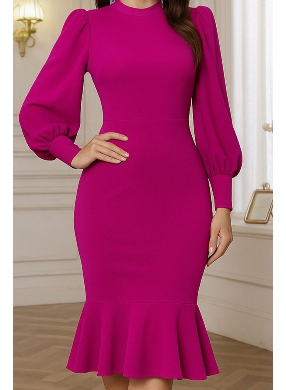 Kadın Uzun Kollu Yarı Balıkçı Yaka Etek Ucu Fırfır Detaylı Midi Ithal Krep Elbise