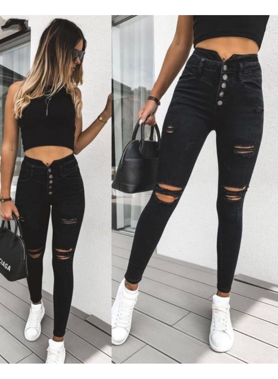 Kadın 5 Düğmeli V Detay Bel Yırtık Kot