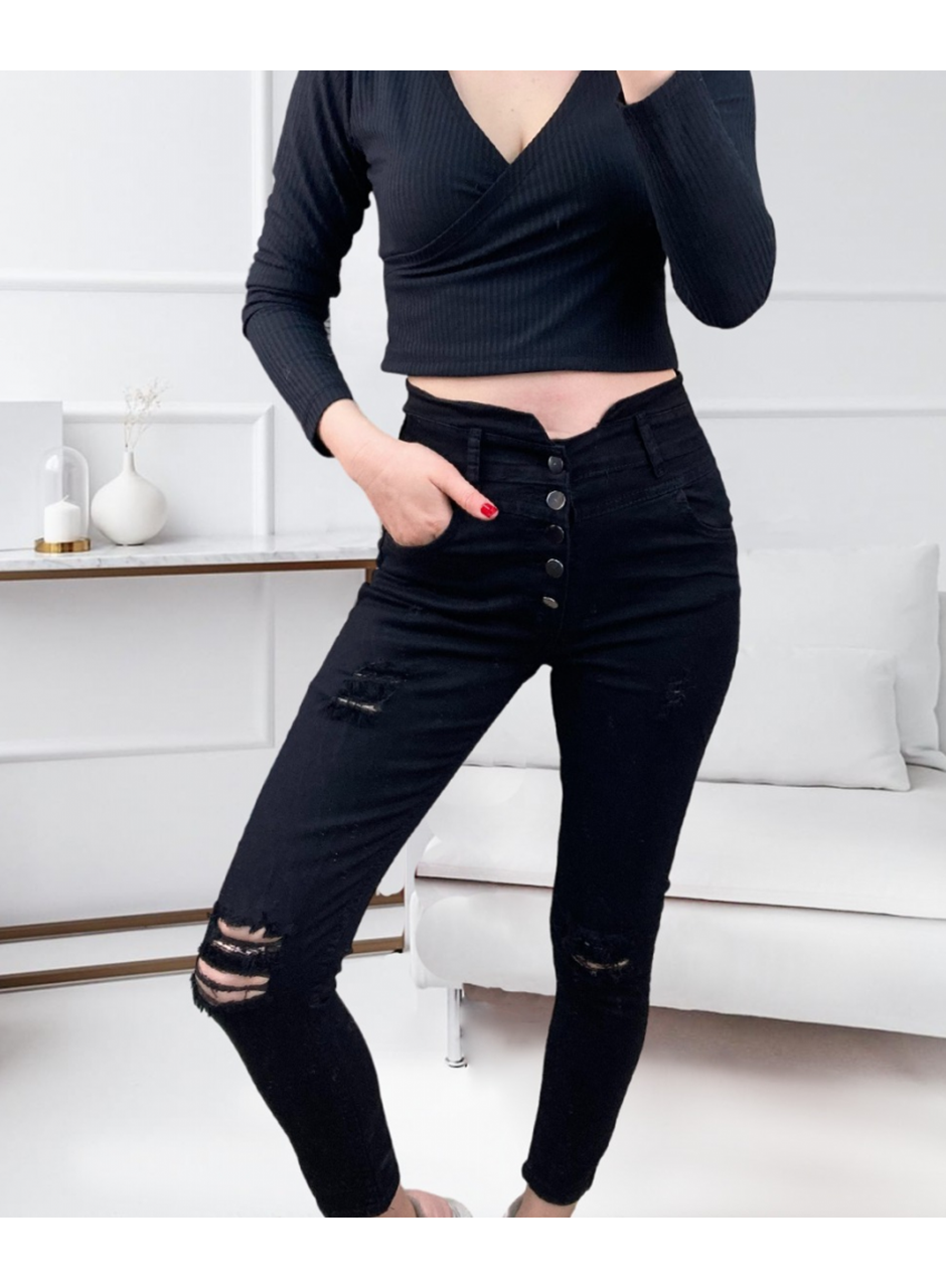 Kadın 5 Düğmeli V Detay Bel Yırtık Kot