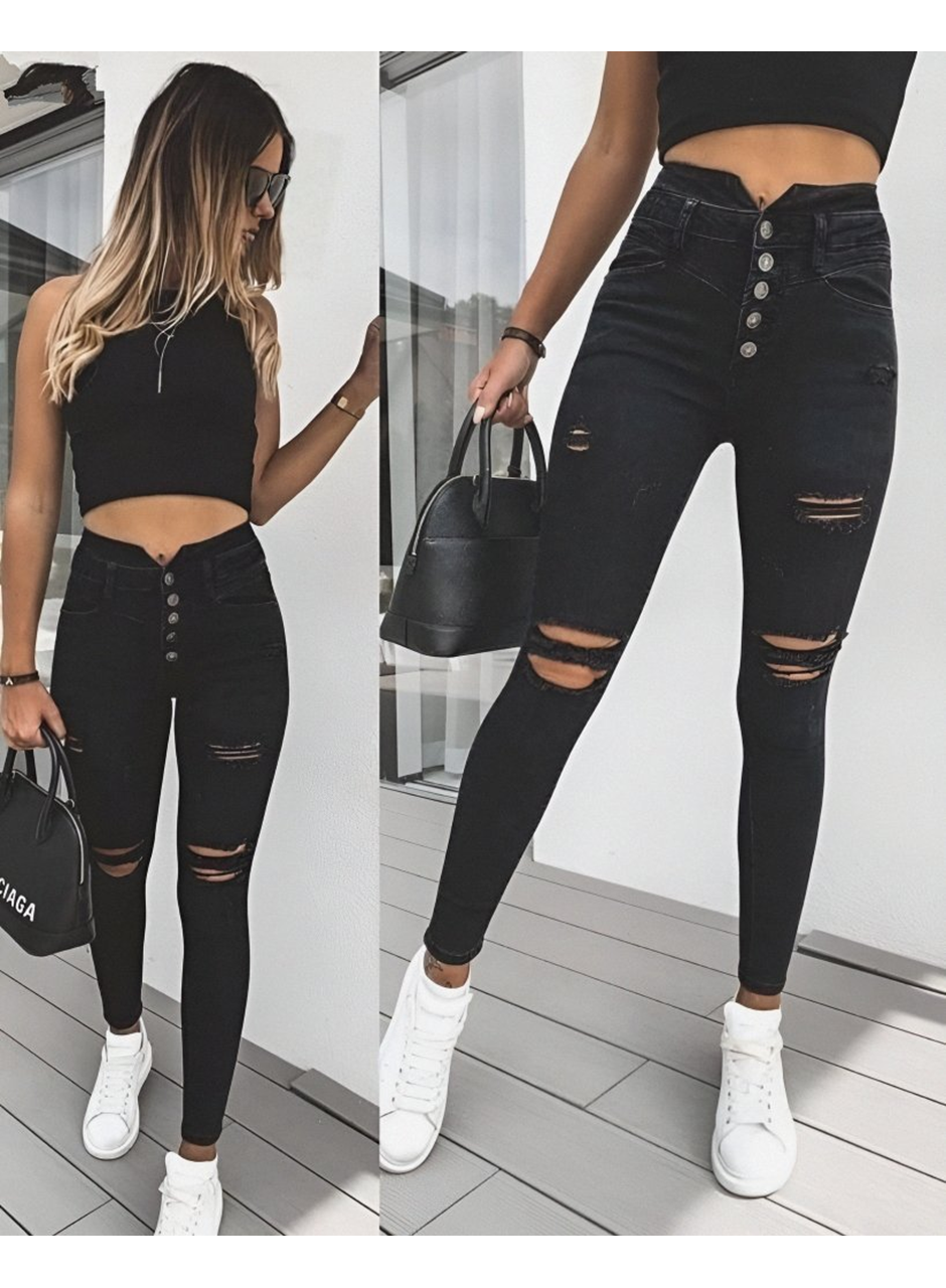 Kadın 5 Düğmeli V Detay Bel Yırtık Kot