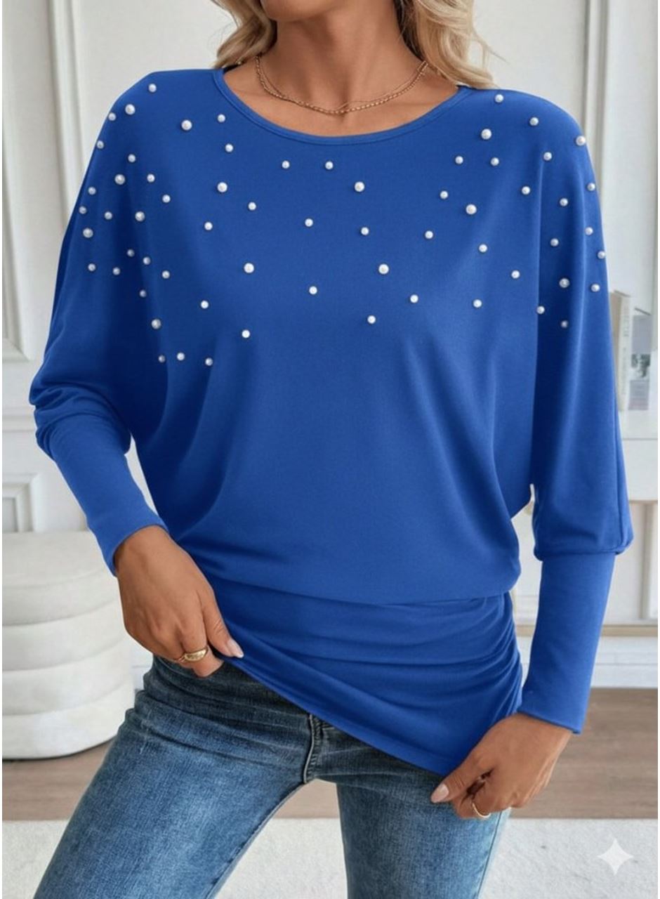 Kadın Uzun Kollu Yuvarlak Yaka Incili Viskon Bluz