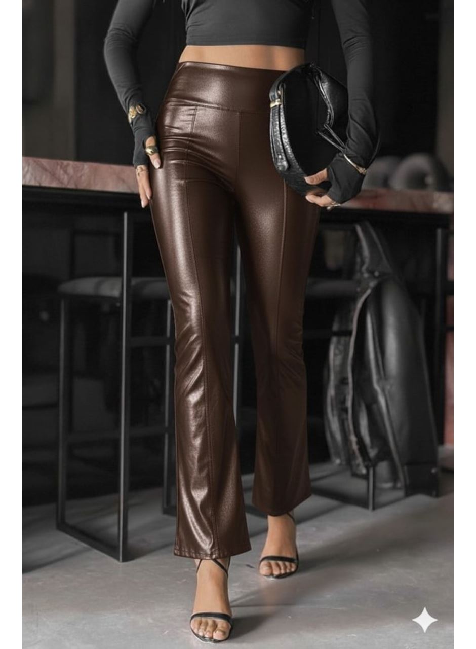 Kadın Yüksek Bel Paçaya Doğru Geniş Deri Pantolon
