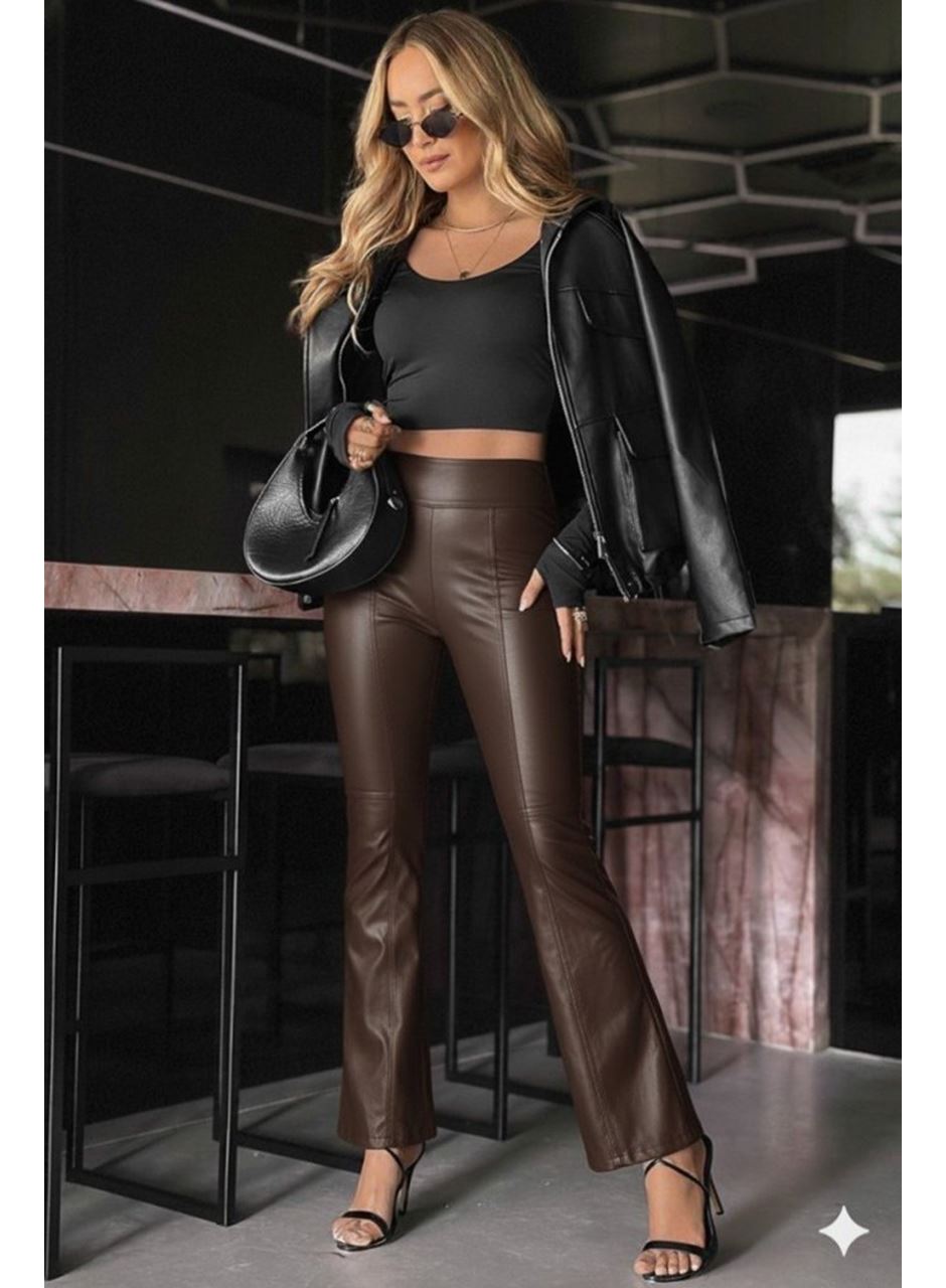 Kadın Yüksek Bel Paçaya Doğru Geniş Deri Pantolon